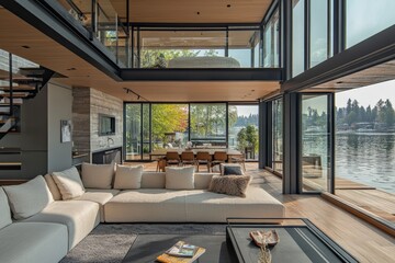 Wall Mural - Luxurious modern lake house featuring spacious living area, open design, and large glass windows offering panoramic views of a serene lakeside environment.