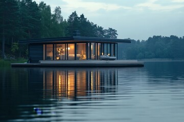 Leinwandbilder - Night view of a contemporary round floating house with large glass windows reflecting against the tranquil lake waters, highlighting modern architecture and tranquility.