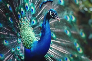 Naklejka na meble A vibrant peacock with its feathers fully fanned out, showcasing iridescent blues and greens with eye-catching spots