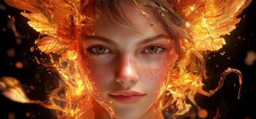 Wall Mural - Woman's face surrounded by orange flames with feathers.