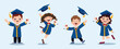 © Cre8iveVector - Cute little schoolgirl in graduation hat and gown holding diploma certificate, Cute little schoolboy