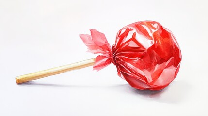 A bright red lollipop, wrapped in shiny cellophane, sits on a minimalistic background, showcasing its playful design and vibrant color that appeals to candy lovers