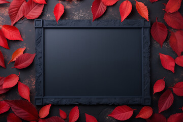 Wall Mural - Bright red autumn maple leaves frame on dark blue stone background