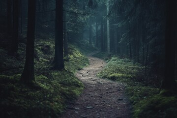 Poster - In a tranquil, darkened forest, a shadowy path promises an enigmatic journey, wrapped in the mystique of nature, echoing peace, solitude, and introspection.