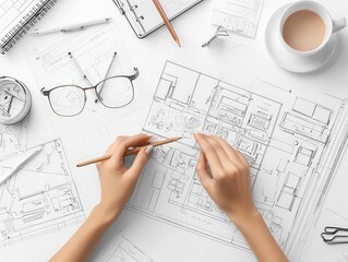 Poster - Architects discussing at the table with blueprint stationery and hands on white background