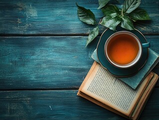 Poster - Top view of a cup of coffee on an open notebook for relaxation or writing inspiration