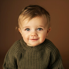 Wall Mural - Joyful American baby boy with light hair wearing a warm sweater