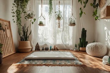 Poster - A peaceful, cozy room decorated with hanging and potted plants, flooded with natural sunlight through sheer curtains, creating a harmonious sanctuary indoors.