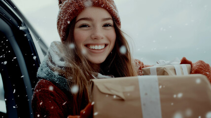 Joyful girl holding Christmas gifts in snowy landscape