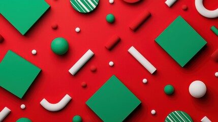 Poster - A vibrant arrangement of geometric shapes in green and white on a bold red background, creating a playful and modern visual impact.