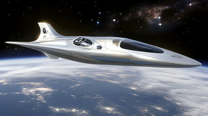 Futuristic spacecraft in orbit above Earth.