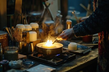 Poster - In a dimly lit, artisan workshop, a man makes candles over a small stove, the warm light and gentle steam creating an atmosphere of craftsmanship and tradition.