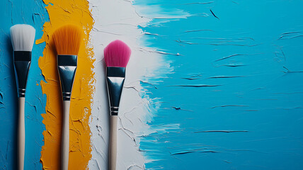 Poster - Three paintbrushes with colorful bristles lie on textured canvas, featuring vibrant blue, white, and yellow brush strokes. abstract background creates dynamic and artistic scene