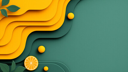 Aufkleber - Vibrant abstract background with layered yellow and green curves, featuring citrus elements and leaves