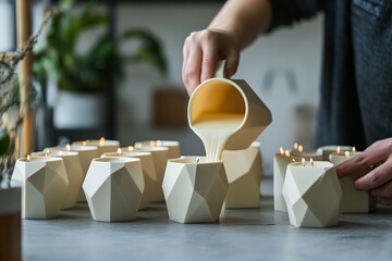 Leinwandbilder - A person pours wax into geometric candle holders, showcasing a blend of modern design and traditional candle-making skills in a sophisticated environment.