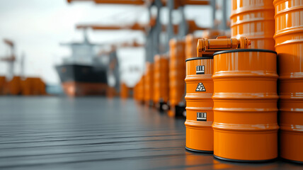 Poster - Orange oil barrels on dock with cargo ship in background, creating vibrant industrial scene