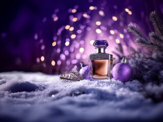Aufkleber - A perfume bottle sits on a snowy surface with purple ornaments and a pine branch.  The background is a bokeh of purple and gold lights.