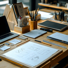 A clean, minimalist workspace with a laptop, pencils, and a design sketch on a wooden desk.