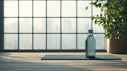 Poster - yoga mat and water bottle are placed on wooden floor in serene room with large windows and potted plant, creating peaceful atmosphere for relaxation and mindfulness