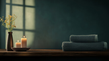 Poster - serene spa room with soft candlelight and neatly folded towels creates calming atmosphere. gentle light through window adds to peaceful ambiance