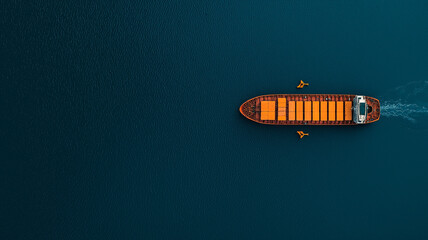 Poster - Aerial view of cargo ship with vibrant orange containers sailing in deep blue ocean waters, creating striking contrast