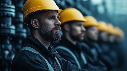 Aufkleber - Engineers wearing yellow helmets stand in line, focused and determined, inspecting water pipes on ship. scene captures teamwork and concentration in industrial setting