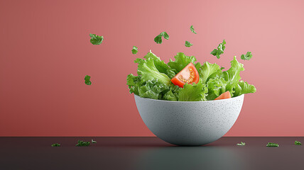 Poster - white bowl filled with fresh green lettuce and sliced tomatoes is set against pink background, with lettuce leaves artistically floating around
