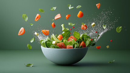 Fototapete - vibrant salad with fresh tomatoes, basil, and cheese cubes is artistically tossed in bowl, creating dynamic and appetizing scene against green background