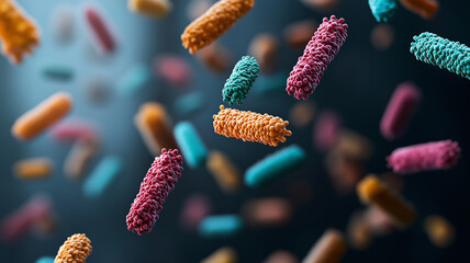 Aufkleber - Colorful pathogen particles suspended in liquid environment, showcasing diverse shapes and textures. image highlights complexity and variety of microscopic organisms