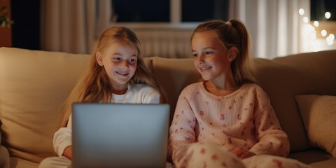 Sticker - Two young girls are sitting on a couch, smiling and watching something on a laptop. Scene is happy and playful, as the girls seem to be enjoying their time together