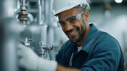 Poster - smiling technician in safety gear works on industrial plumbing systems, showcasing expertise and precision in modern facility