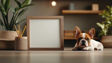 Aufkleber - cute puppy lies beside blank whiteboard in cozy room, surrounded by plants and pencils, creating warm and inviting atmosphere