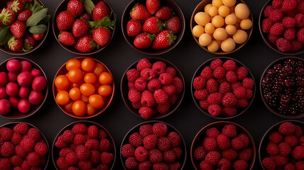 Poster - vibrant display of fresh berries and fruits in bowls, showcasing variety of colors and textures, symbolizing natural abundance and healthy eating
