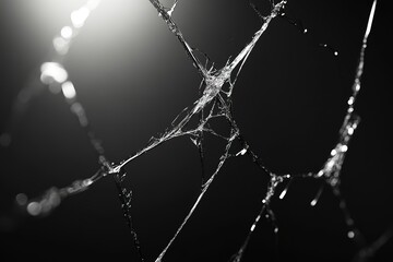 Black background with white cracks and scratches, simple lines, high contrast, cool tones, macro lens, broken glass effect