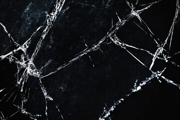Black background with white cracks and scratches, simple lines, high contrast, cool tones, macro lens, broken glass effect