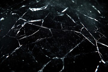 Black background with white cracks and scratches, simple lines, high contrast, cool tones, macro lens, broken glass effect