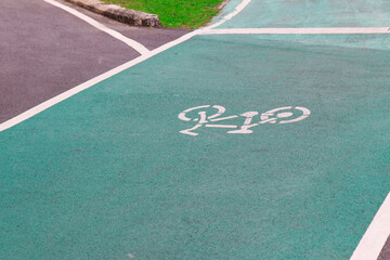 Green way for the bicycles.  Bike line. The bicycle lane.