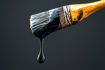 Brush dipped in black paint dripping against dark background