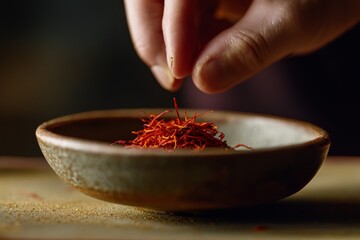 Poster - A close-up view of aromatic saffron strands being gently pinched over a rustic ceramic bowl, showcasing the vibrant red and orange hues of the spice.