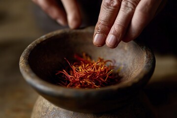 Poster - A close-up shot of bright saffron threads resting in a richly-toned pottery vessel, evoking the spice's prized status and culinary versatility.