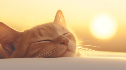 Poster - A close-up of a tabby cat sleeping peacefully in the warm glow of the setting sun.