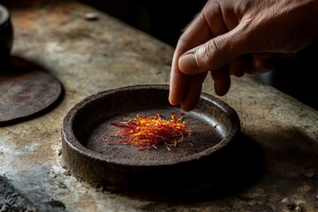 Poster - A hand gently sprinkles vibrant strands of saffron, the aromatic spice, on a rustic clay plate, set against an earthy-toned background, highlighting culinary elegance.
