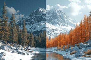 Poster - Snowy Mountain Range With Stream And Autumnal Trees