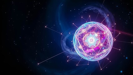 Wall Mural - A Glowing Geometric Orb Adorned with Intricate Lines and Stars in a Deep Space Background