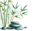 A serene arrangement of bamboo and stones, evoking tranquility and nature's beauty. Perfect for wellness themes and spa settings.