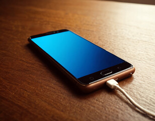 The smartphone lies on the table and charges along the wire.