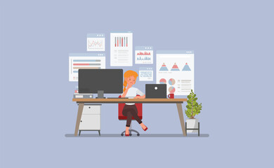 Wall Mural - businesswoman at a desk with multiple screens displaying graphs, charts, and analytical data charact