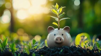 Aufkleber - A plant growing out of a piggy bank, symbolizing savings and financial growth. 