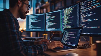 Poster - Developer typing code on a laptop with multiple monitors displaying code. 