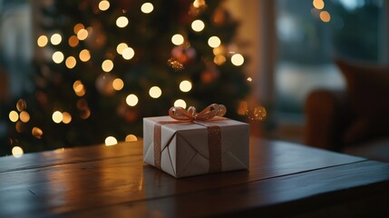 A gift box wrapped on a wooden table against the background of a beautiful Christmas tree, Blured light of Christmas tree. Merry Christmas and Happy New Year greeting concept